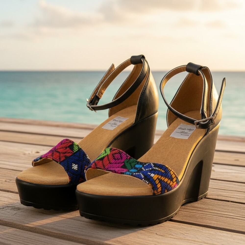 Guate Maya Black Platform Huarache Sandals Colorful Embroidered Straps S7/38